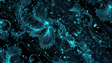 Delicate Victorian black lace textures intertwined with glowing cyan fiber optic cables and high-tech circuit board lines.