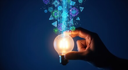 Hand holding lightbulb with glowing geometric digital data