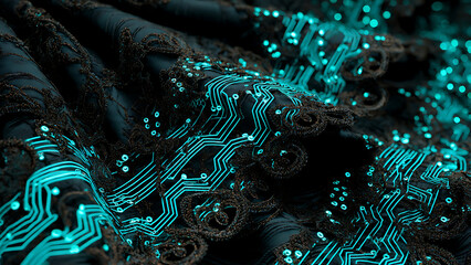 Delicate Victorian black lace textures intertwined with glowing cyan fiber optic cables and high-tech circuit board lines.