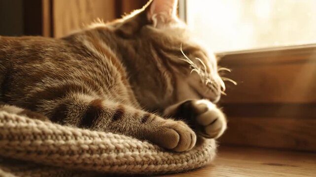Cozy tabby cat sleeping peacefully on a knitted cushion by the window.