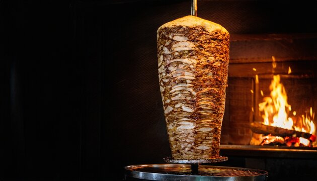 close up shot of a sizzling turkish doner kebab on a grill over an open wood fire in a cozy restaurant kitchen cuisine
