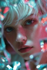 Retrato &iacute;ntimo de mujer con cabello blanco y luces de colores, Primer plano de rostro femenino con mirada directa y bokeh de fiesta, Imagen para campa&ntilde;a de belleza minimalista con est&eacute;tica futurista