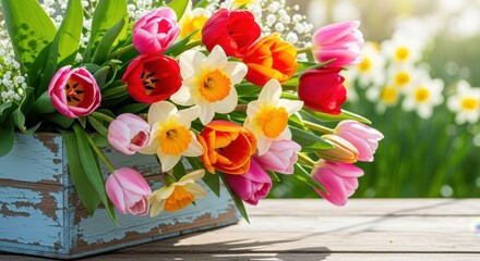Vibrant Spring Tulips and Daffodils in Rustic Wooden Box
