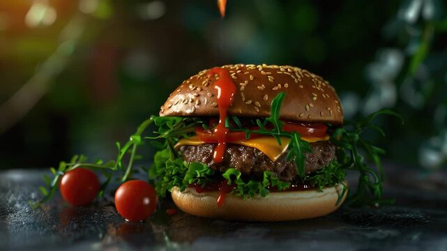 Video A juicy hamburger topped with crisp lettuce, ripe tomato, and melted cheese