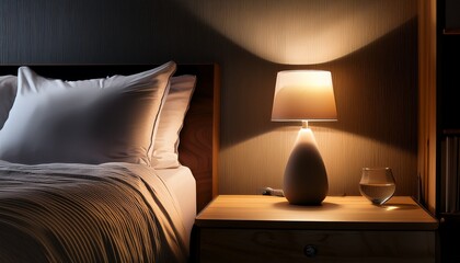 softly glowing lamp light illuminates a bedside table amidst darkness and calmness