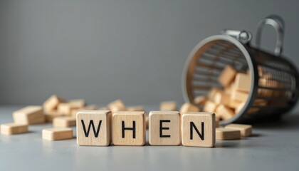 Wooden alphabet blocks spell out the word WHEN. A metal basket lies on its side spilling more blocks. Represents planning timing and decision making.