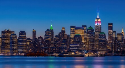 Naklejka premium New York City Skyline at Dusk with Illuminated Empire State Building