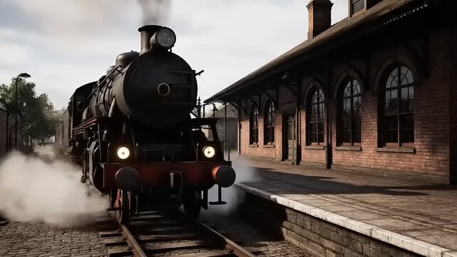 Vintage Steam Train Arriving at Historic Station with Smoke Billowing.