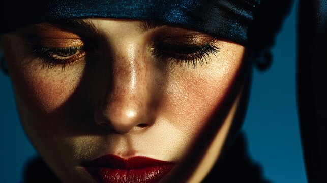 Primer plano de rostro femenino con maquillaje y tocado azul brillante, Belleza est&eacute;tica con luz dram&aacute;tica y sombras marcadas, Imagen para campa&ntilde;a de labiales, maquillaje de ojos dorado