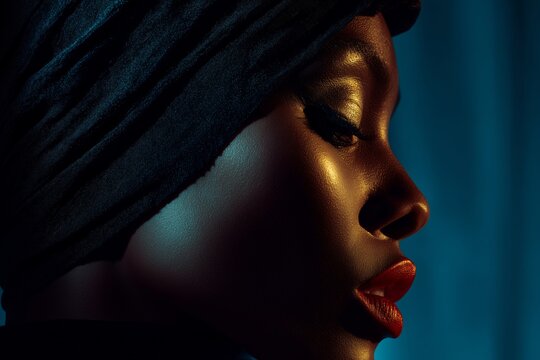 Perfil de mujer africana con turbante y labios rojos, Retrato de belleza con piel oscura y maquillaje de noche, Lookbook para marca de cosm&eacute;tica de lujo, Est&eacute;tica dark beauty editorial