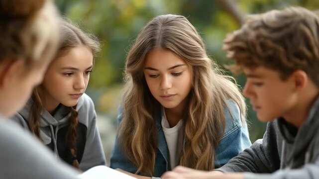 Faceless group of teenagers engaged in lively discussion around Bible passage during youth group meeting outdoors, spiritual insights and connection, defocused natural setting, wit