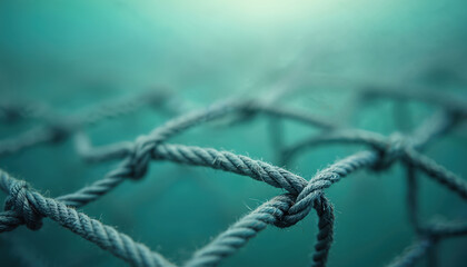 Close up of tangled rope net, with blurred aqua background. Texture of marine cord shows knots and mesh structure. Abstract sea life concept for fishing or safety.