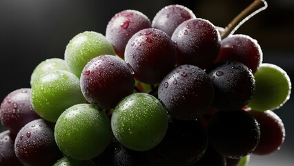 Close up of fresh grapes with water droplets against dark background