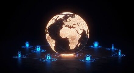 Digital earth globe with security padlocks and connecting lines on black background