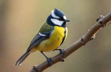 Fototapeta premium Small great tit bird rests on a tree branch. Its bright yellow chest contrasts with black markings and white cheeks. Wild creature looks attentively, nature background fades to soft bokeh.
