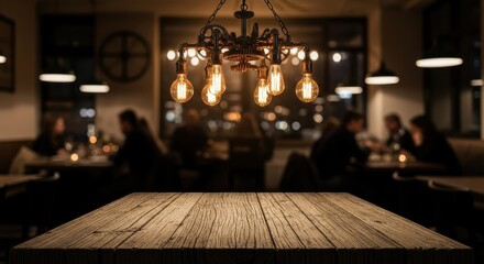 Rustic wooden table in atmospheric restaurant with Edison bulbs