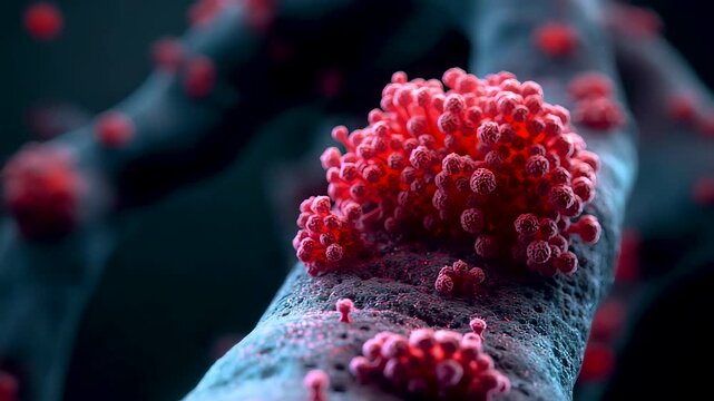 Red Blood Cells Clumping Virus Particles Adhering Artery Wall Microscopic Medical Biology Infection View Dark Background