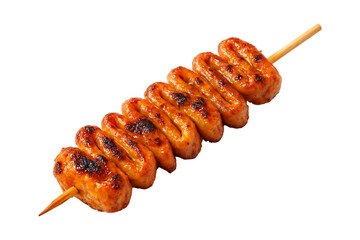 A delicious grilled sausage skewer perfectly browned and ready to eat on transparent background