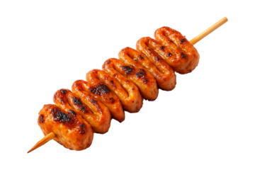 A delicious grilled sausage skewer perfectly browned and ready to eat on transparent background