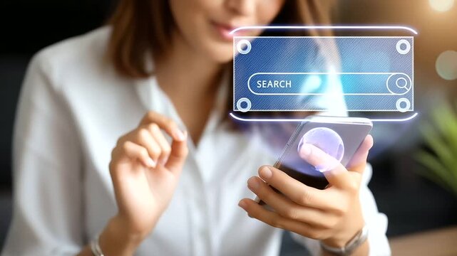 Faceless person searching online with mobile phone, internet search engine optimization SEO for keywords and online visibility, defocused screen interface, with copy space