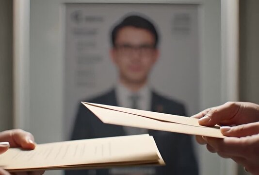 Bribery close-up in a business environment: man discreetly passing an envelope with cash to another person, corruption and illegal payment concept, cinematic shallow depth of field, 4K.