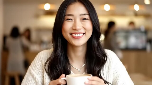 Young Asian Woman Enjoying a Warm Cup of Coffee in a Cozy Cafe.