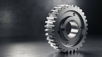 Metallic gear wheel detailed mechanical component isolated on dark background