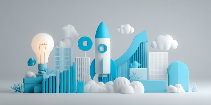 3D Illustration of Tech Startup Concept Featuring Symbolic Elements and Bright Colors