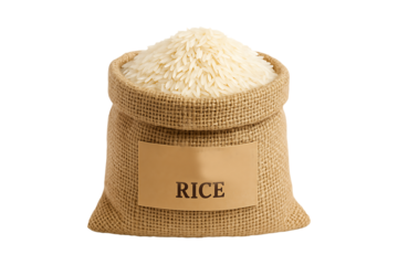 A heap of white rice overflowing from a small burlap sack on transparent background