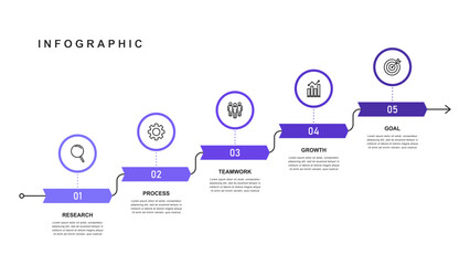 Business success staircase infographic with icons and 5 steps, timeline roadmap template for process, strategy, goal achievement, and corporate growth presentation design