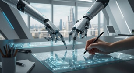 Robot and human hands interacting on digital surface technology and innovation concept