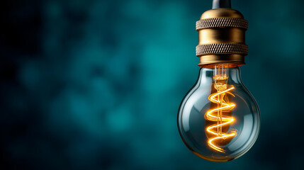 Glowing filament Edison bulb, teal wall background color, vintage lighting design, retro interior decor, warm ambient illumination, with copy space