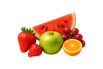 A vibrant still life composition featuring various fresh fruits on transparent background