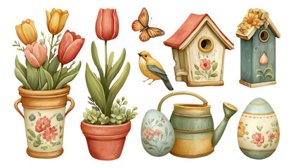 Fototapeta premium Spring Garden Celebration Elements with Flowers, Birds, Pots, and Decor Items