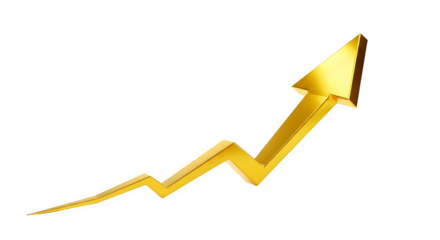 Golden upward arrow with zigzag path isolated on transparent background for business growth