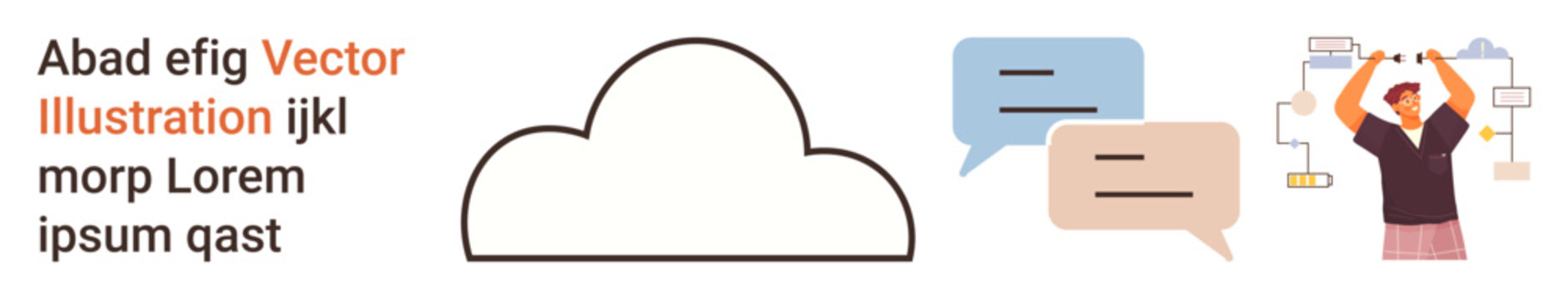 Networking, communication, creativity, cloud storage, digital workflow, teamwork. Cloud icon with speech bubbles and a person holding a flowchart. Communication and cloud storage concept