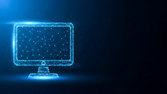 Futuristic Glowing Computer Monitor with Network Graphics on Dark - Powered by Adobe