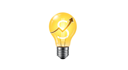 Glowing lightbulb with upward arrow inside representing growth isolated on transparent background