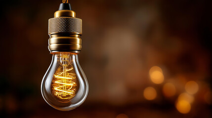 Hanging Edison bulb vintage style, warm light idea fixture, lightbulb inspiration display, retro illumination design, ambient lighting element, with copy space