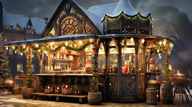 Festive winter market stand at night with snowfall and glowing lights