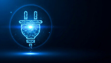 Futuristic Glowing Plug Icon with Electrical Energy Symbols on Dark