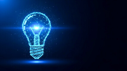 Glowing futuristic lightbulb with polygonal mesh design on a dark