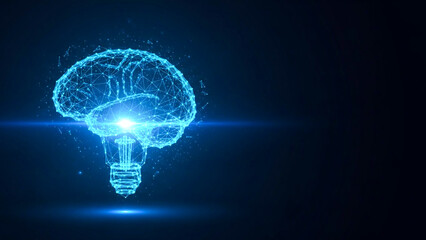 3D Wireframe Brain with Glowing Light Bulb on Dark Blue Background