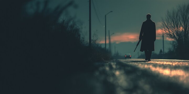 A silhouetted figure walks down a wet road at dusk, holding a weapon moody, cinematic tension suggests mystery, danger, or noir solitude.