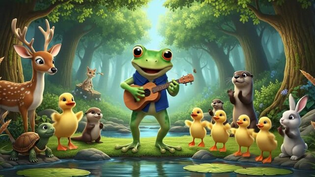 Animated Frog Playing Guitar Leading Ducklings in Forest Scene.