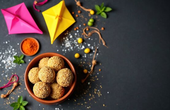 Sweet sesame laddu balls with haldi kumkum powder and sugar crystals for Makar Sankranti festival celebration. Two colorful paper kites are arranged on dark background.