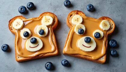 Two bear face toasts with peanut butter and banana slices. Blueberries form eyes and nose. Cheese slices make ears and mouth. Fun breakfast for kids.