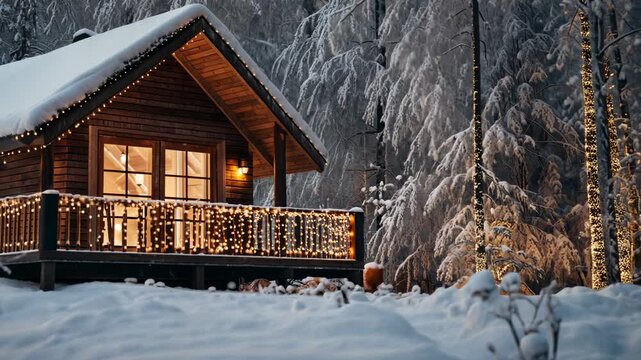 Cozy winter cabin in snowy forest with twinkling lights at sunset