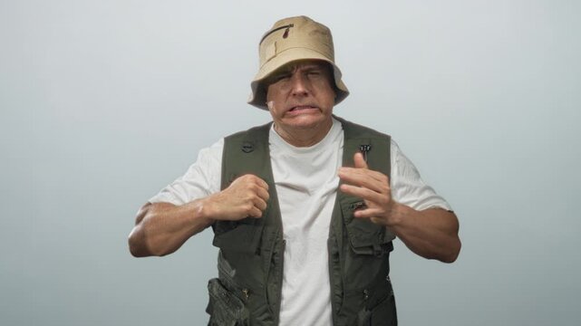 Man in fishing vest, bucket hat and white shirt clasps hands and winces in a studio; frustration determination.