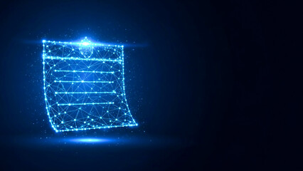 Futuristic glowing document icon with digital grid lines on dark